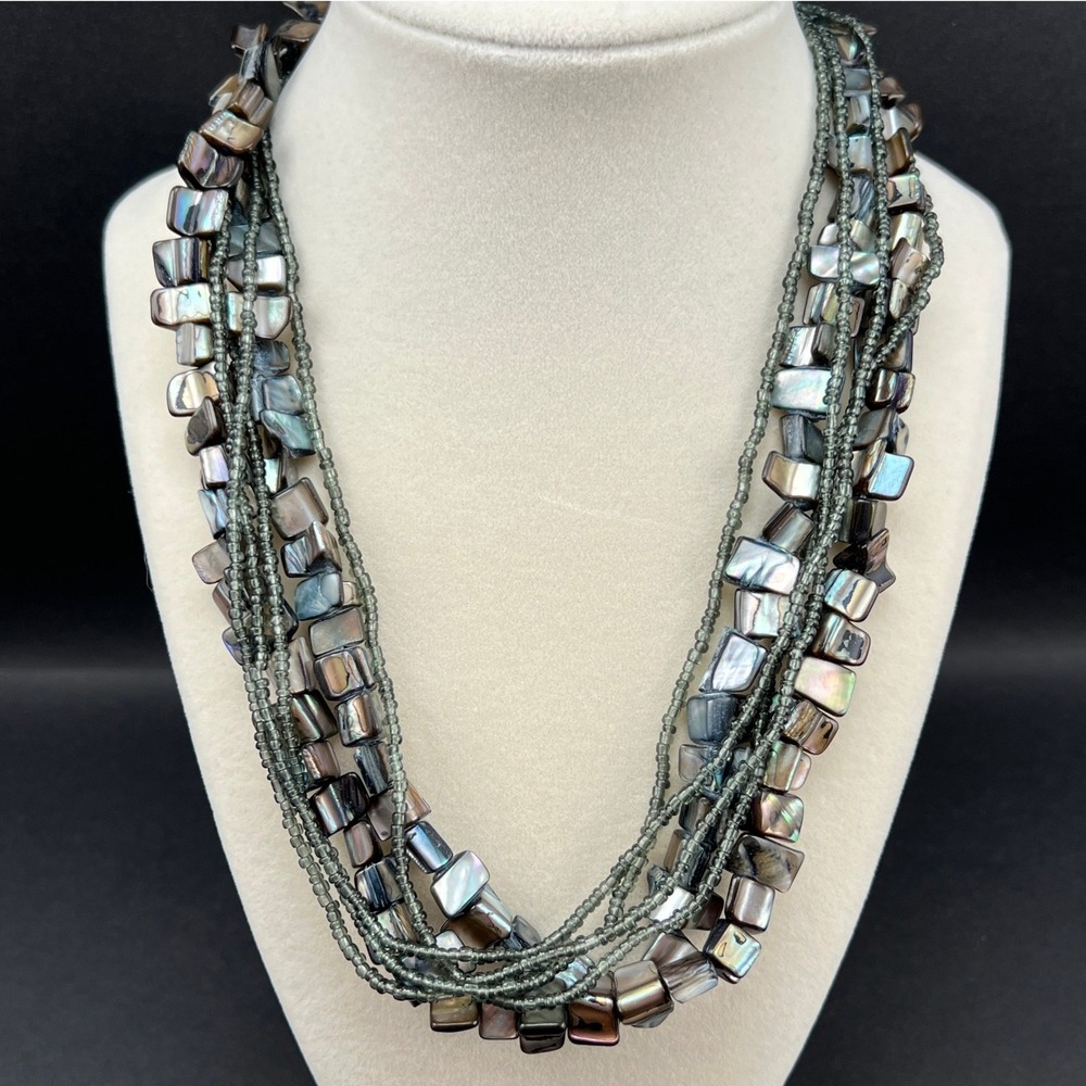 Beaded Statement Necklace Multi Strand Grey MOP Shell Seed Beads 22"